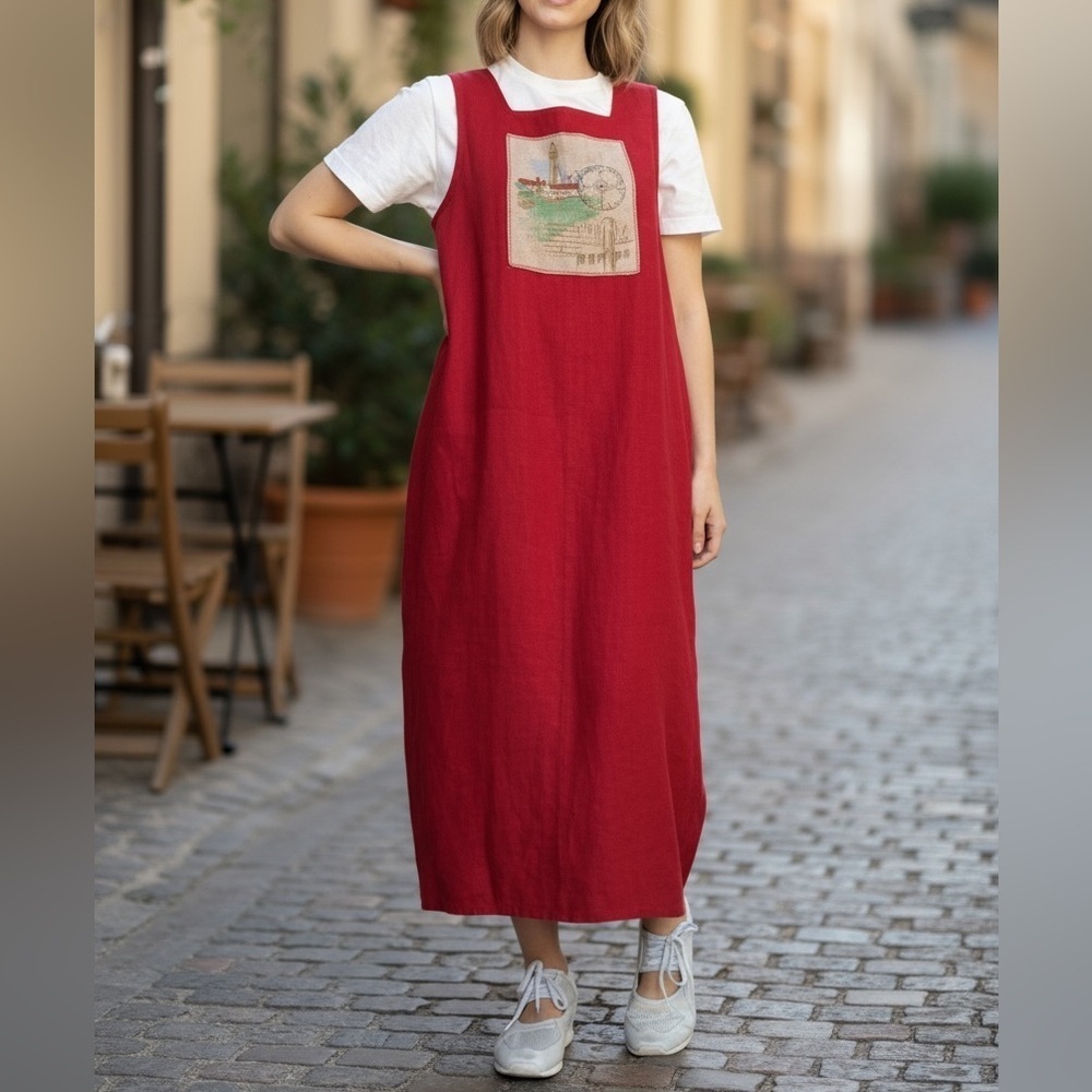 VTG 90s Red Linen Column Dress Lagenlook Coastal Grandma Midi Pinafore Dress 6